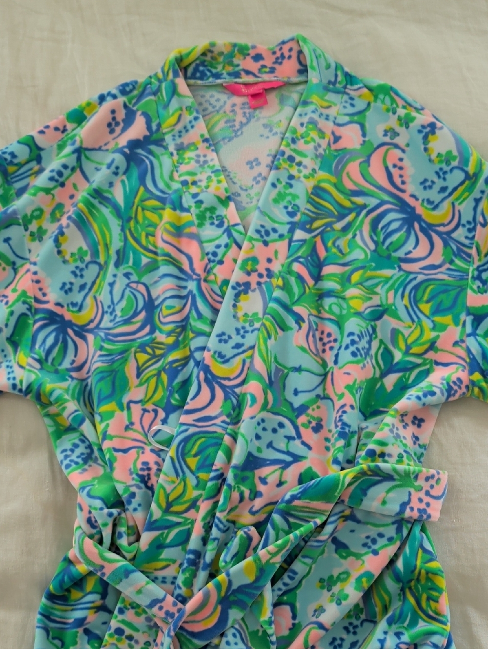 Lilly Pulitzer Aqua Velour Wrap Robe in Pink & Green Floral